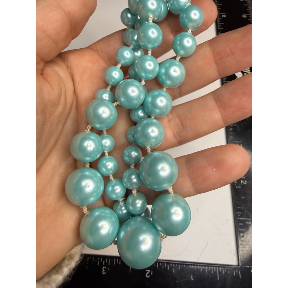 Vintage Aqua Blue Graduated Faux Pearl Knotted Necklace Barrel Clasp 18.5 Inch